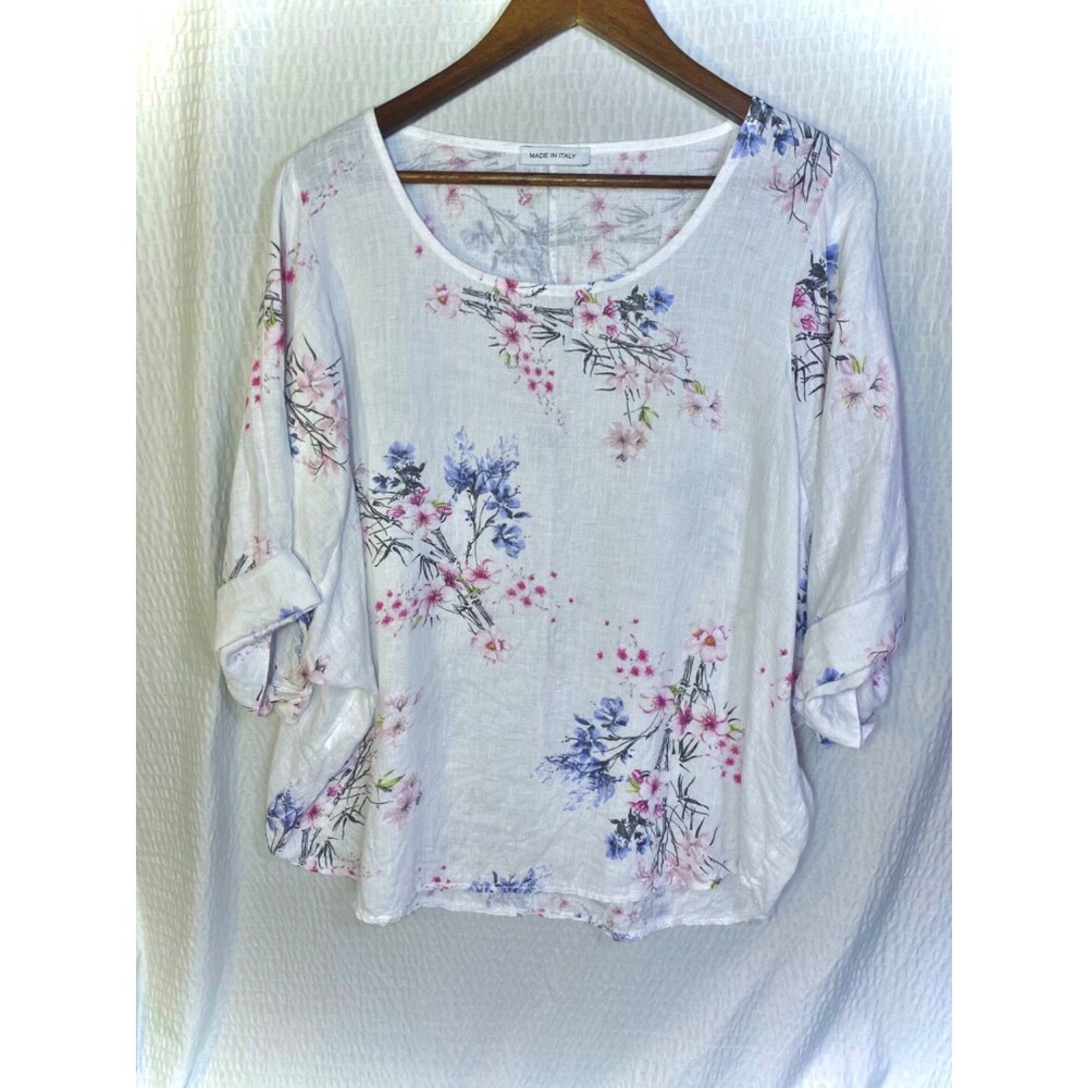 C Valentyne Italy 100% Linen Floral Pullover Tunic Top One Size Lagenlook OS